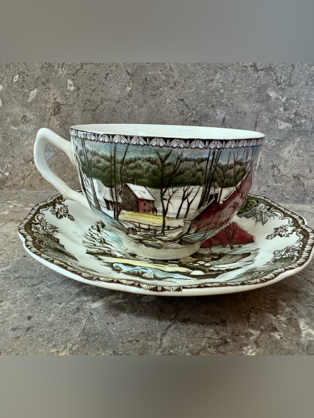 Vintage Winter Cottage Teacup and Saucer - Green, Brown, Red